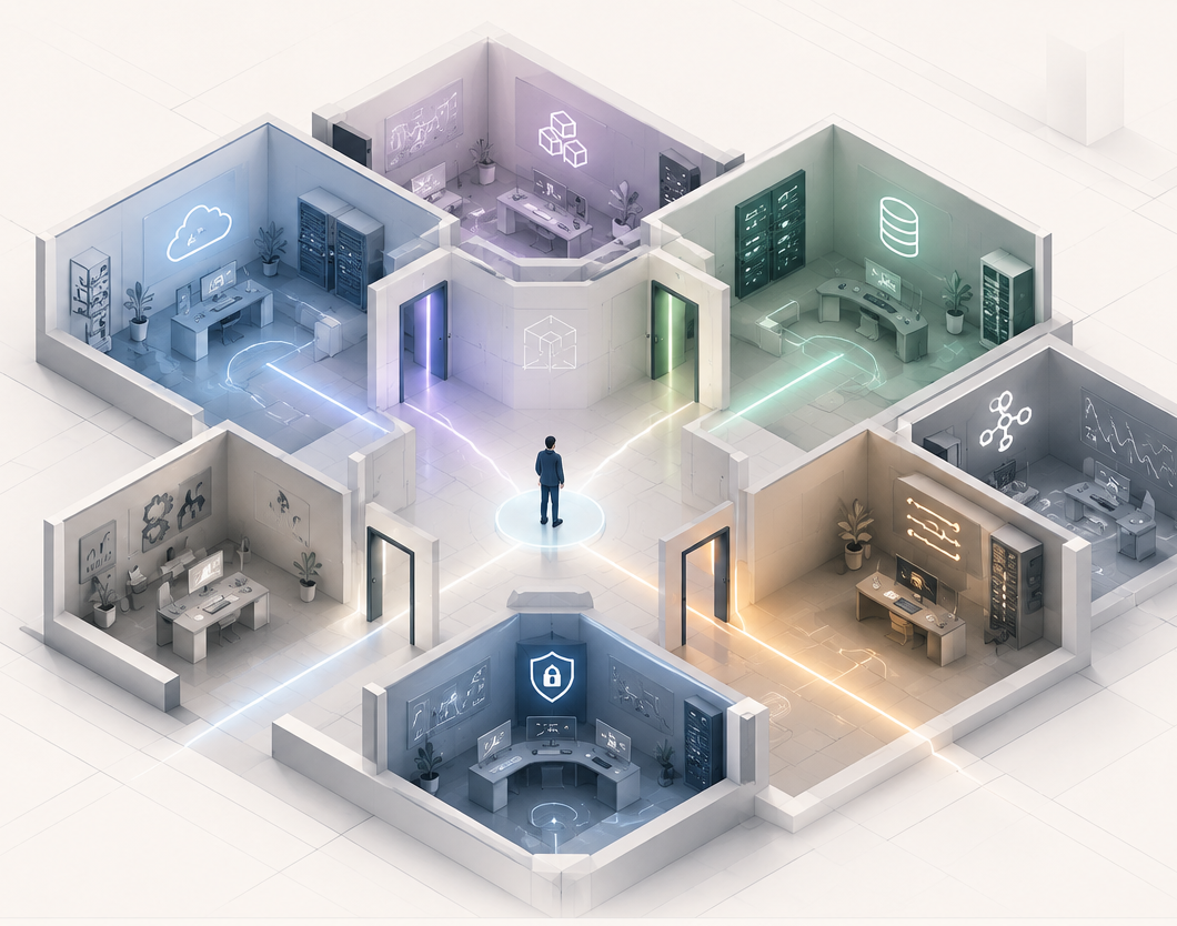 Interactive architecture map — six rooms around where you stand